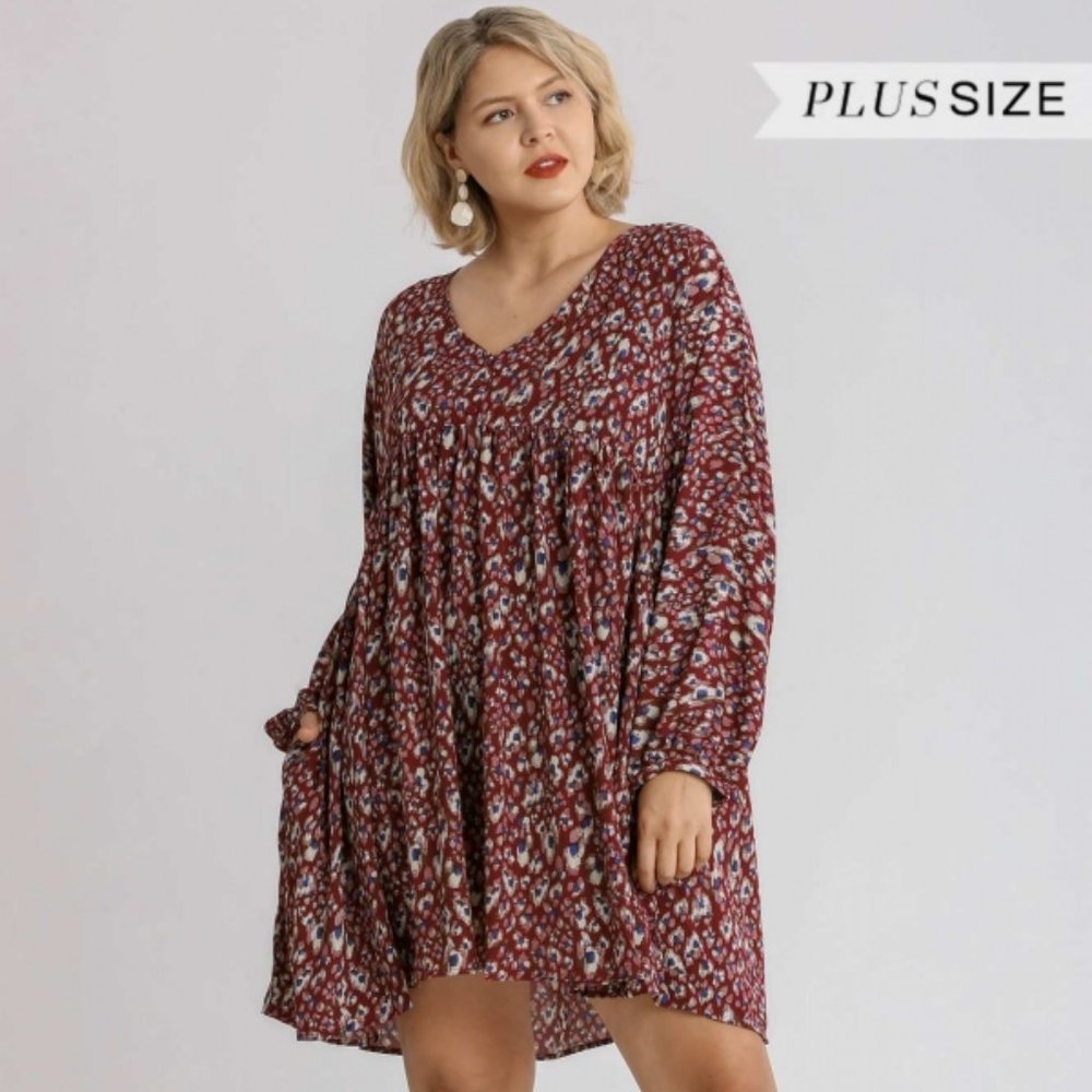 Long Sleeve Animal Print Babydoll Dress in Plus Size by Umgee Clothing